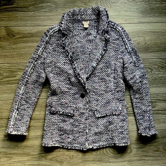 Chico’s Soft Tweed Blazer Pink Blue Frayed Hem Career Work Casual Size 0 (S) - Picture 1 of 9